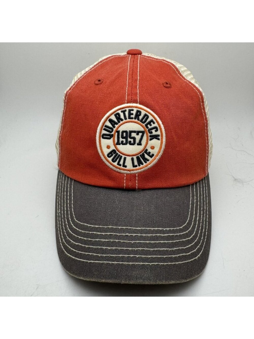 Quarterdeck 1957 Gull Lake Trucker Hat Cap Adjustable Red Gray Tan J-America